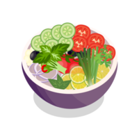 saltee la ensalada con sushi y camarones en un bol con fondo transparente. espacio de copia de la vista superior. los camarones y las verduras se sirven con ensalada. palillos con imagen png de comida asiática.