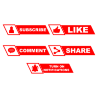 Subscribe button PNG collection with abstract shapes. Red color button collection with like, comment, and share icons. Metallic red color social media button on a transparent background.