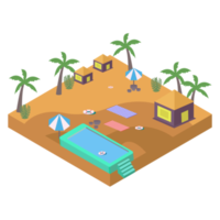 Swimming pool PNG design with the resort landscape. swimming pool image with isometric shape on transparent background. Swimming pool and resort landscape with coconut trees in summertime.