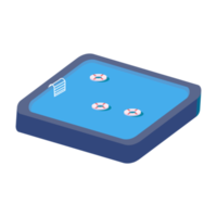 Isometric swimming pool PNG image with the lifebuoy. Swimming pool design with the isometric landscape shapes. Pool with lifebuoys and blue water in the summertime.