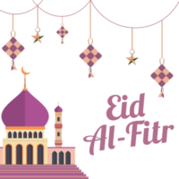 Eid Mubarak celebration design with mosque and kite on transparent background. Muslim festival happy Eid Mubarak celebration PNG image. Moon and Muslim mosque collection for Eid celebration.