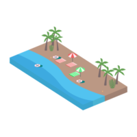 Sandy beach landscape PNG image. Sandy beach isometric design with lifebuoy and coconut tree. Seashore 3D art with an lifebuoy and sunbathe on a transparent background.