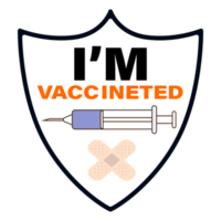 Estoy vacunado con diseño de png de efecto de texto. elemento de la campaña de vacunación sobre un fondo transparente. imagen de jeringa y vendaje en forma de escudo.