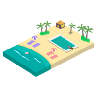 elegante diseño de paisaje de playa de arena. imagen de playa de arena con piscina y cocotero. arte isométrico de la costa con aro salvavidas y tomar el sol en un fondo transparente. png