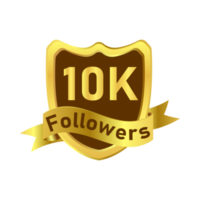 10k distintivo dourado de celebração de seguidores png com fita. ação de graças para 10k seguidores. distintivo de seguidor de cor dourada luxuosa com uma forma de escudo em fundo transparente.