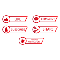 Subscribe button collection PNG design. Red and white color subscribe button bundle on a transparent background. Social media button image with like, share, and comment sections.