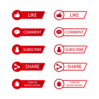 Subscribe button collection PNG design. Red and white color subscribe button collection. Social media button with like, share, bell icon, and comment elements on a transparent background.