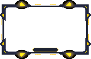 Live streaming overlay image for gamers with dark screen panels. Futuristic stream overlay design with digital buttons. Gaming screen overlay PNG with abstract shapes and yellow color.