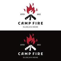 Creative design of bonfire logo template with vintage wood and fire concept for business, camping and adventure. vector