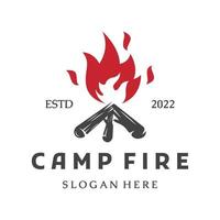 Creative design of bonfire logo template with vintage wood and fire concept for business, camping and adventure. vector