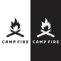 diseño creativo de plantilla de logotipo de hoguera con madera vintage y concepto de fuego para negocios, camping y aventura. vector