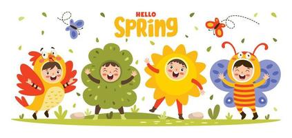 temporada de primavera con niños de dibujos animados vector