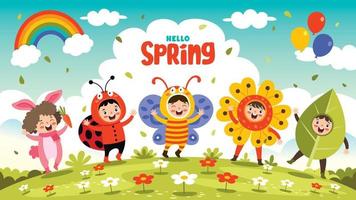 temporada de primavera con niños de dibujos animados vector