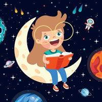 niño sentado en la luna y leyendo un libro vector