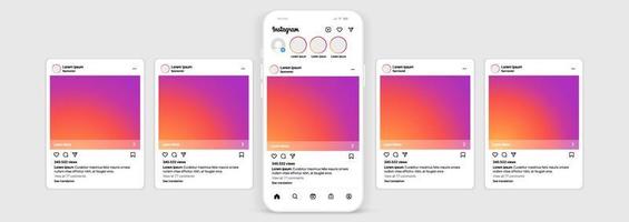 Instagram carousel post template mockup. Mobile app interface with blank pictures, editable posts. Scroll frame pages, social media photography.