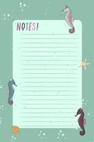 The daily planner template. Organizer and schedule with space for notes. Vector illustration. A list of things to do. sea, seahorse shells