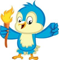 Blue bird holds a torch, illustration, vector on white background.