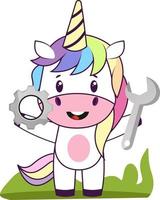 Unicorn with wrench, illustration, vector on white background.