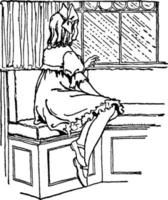 chica mirando por la ventana, ilustración vintage. vector