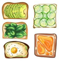 A set of toasts with different fillings.  Avocado, spinach, herbs, eggs, cucumber and fruit jam vector