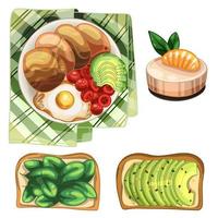 A full meal with pancakes, eggs and vegetables.  Toast with avocado and herbs. Creamy dessert vector