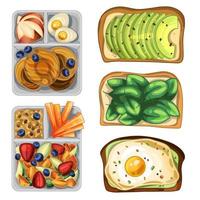 A set of lunchboxes with a healthy snack, including pancakes, fruit, eggs and porridge. Toast with egg, avocado and herbs vector