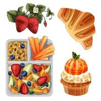 Lunch box with a healthy snack, including fruits, porridge and carrots. Dessert- croissant, strawberry and cupcake vector