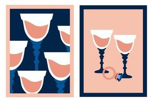 Collection of modern posters. Stylish trendy cards with glass of wine, cocktail,  diamond, ring. Vector flat illustration for Valentine's day, holidays, gift, romantic dinner, party, wedding, dating