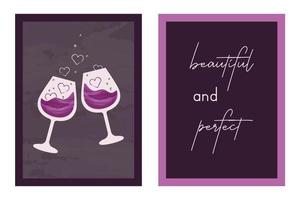 colección de elegantes tarjetas de moda con copa de vino y muchos corazones pequeños. composiciones modernas minimalistas y letras. ilustración vectorial para el día de san valentín, regalo, cena romántica, citas vector