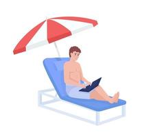 Man working on beach semi flat color vector character. Digital nomad with laptop. Editable figure. Full body person on white. Simple cartoon style illustration for web graphic design and animation