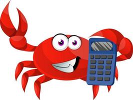 Crab with calculator, illustration, vector on white background.