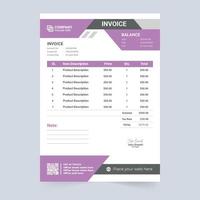 Digital invoice template decoration with purple and light green colors. Business invoice template with product description section. Creative invoice template and price receipt vector. vector