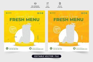 Fresh orange juice promotion template design with abstract shapes. Beverage advertising web banner design with orange and yellow colors. Juice bar business promotion social media post vector. vector