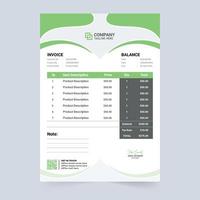 Creative invoice template vector with abstract shapes. Product price and business info section in cash receipts. Payment agreement and invoice bill template design with green and blue colors.