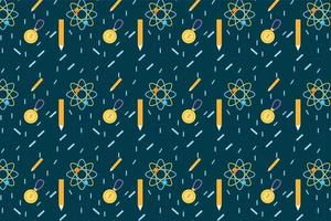 Minimal education pattern decoration with atomic structure, pencil, and medal icons. Seamless study pattern vector on a dark background. Abstract science pattern for backgrounds and wallpapers.