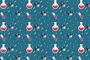 Educational pattern decoration with test tubes and book icons. Study backdrop and book cover seamless pattern design. Science background and pattern texture vector on a blue background.