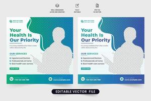 Doctor medical treatment and healthcare service template design with green and blue colors. Hospital facilities and treatment advertisement poster design. Creative medical template for social media. vector