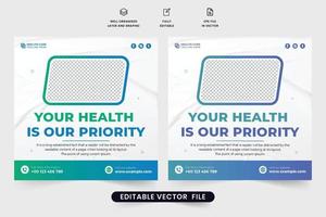 vector de publicación de medios sociales de servicio médico creativo con colores verde y azul. diseño de afiches publicitarios de tratamientos hospitalarios especiales para marketing. vector de plantilla promocional de servicio de atención médica.