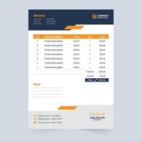 Modern business invoice template decoration with blue and yellow colors. Product information and price receipt design. Minimal invoice template and cash receipt vector for corporate business.