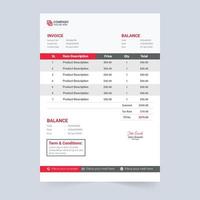 diseño de factura minimalista simple con color rojo y azul. información comercial y vector de decoración de recibos de compra. plantilla de factura y diseño de recibo de efectivo con secciones de acuerdo de pago.