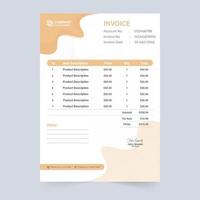 Invoice template vector with green and light orange colors. Creative invoice design with abstract shapes. Business invoice template with purchase info and price sections. Price receipt template.