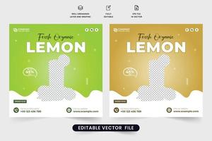 Organic lemon juice social media post for marketing. Lemon juice promotional poster vector with green and yellow colors. Beverage and drinks advertisement template for juice bars and restaurants.