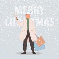 Happy man with Christmas gifts. Male wearing in santa hat on snow background Merry Christmas concept. Vector illustration