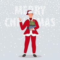 Happy man with Christmas gifts. Male wearing in Santa Claus clothes on snow background Merry Christmas concept. Vector illustration