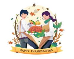 Thanksgiving dinner concept with the couple a man and a woman preparing and serving dishes for the Thanksgiving holiday party or dinner. Vector illustration