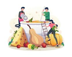concepto de cena de acción de gracias con personas que preparan y cocinan platos para la fiesta o cena de acción de gracias. ilustración vectorial vector