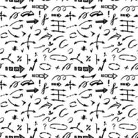 Vector arrow seamless pattern. Hand drawn doodle wavy and curve pointer elements with swirls.