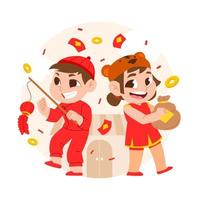 niños de año nuevo chino con bolsa de dinero de la suerte vector