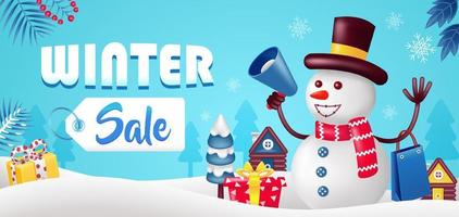 venta de invierno, muñeco de nieve 3d está de compras. adecuado para eventos vector