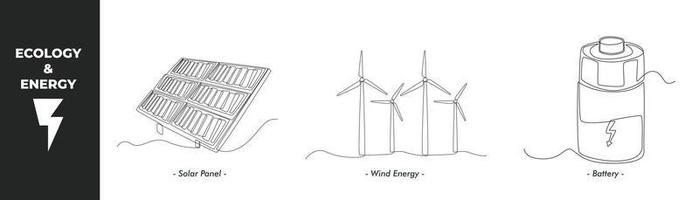 Single one line drawing energy and ecology concept set. Solar panel, wind energy and and Battery. Continuous line draw design graphic vector illustration.